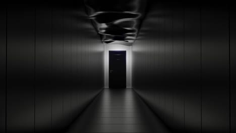 a dark and mysterious hallway with a door at the end