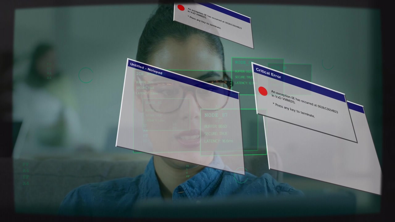 Woman sitting chair while Critical Error dialogs popping and tech HUD boxes covering face for demo