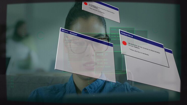 Woman sitting chair while Critical Error dialogs popping and tech HUD boxes covering face for demo