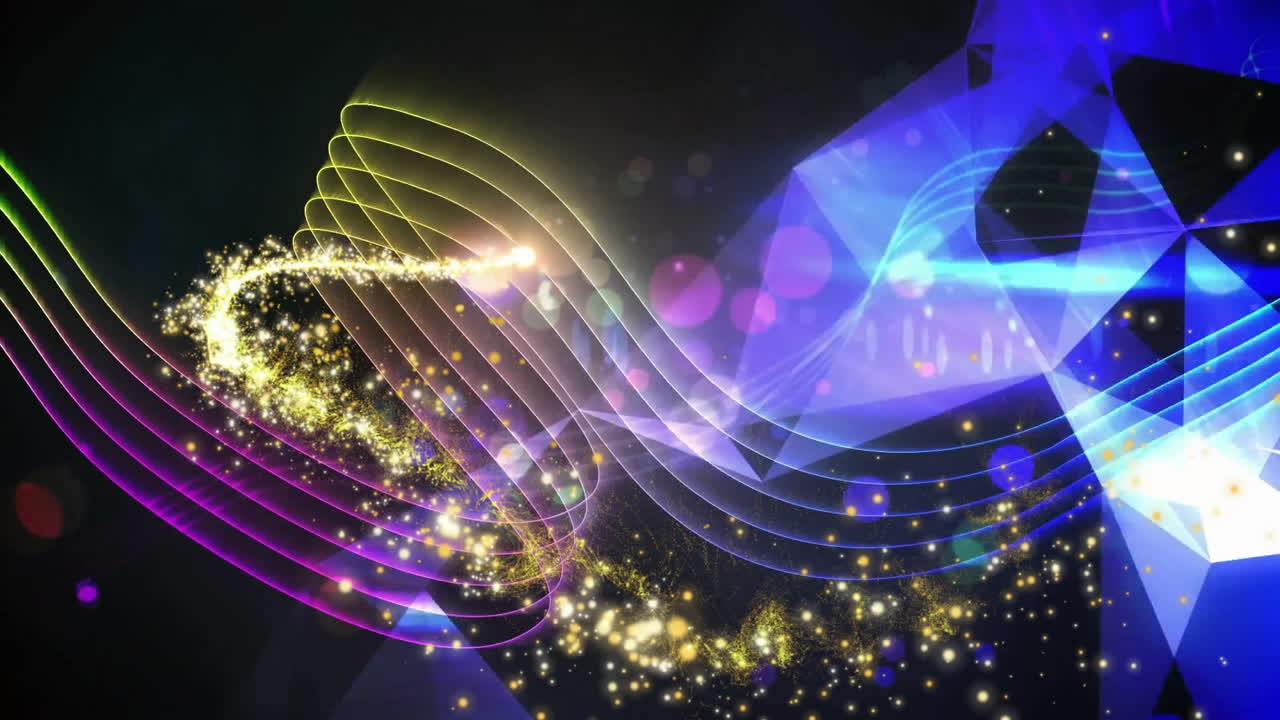 검은색 배경에 반이는 빛의 흔적 위에 떨어지는 별의 애니메이션