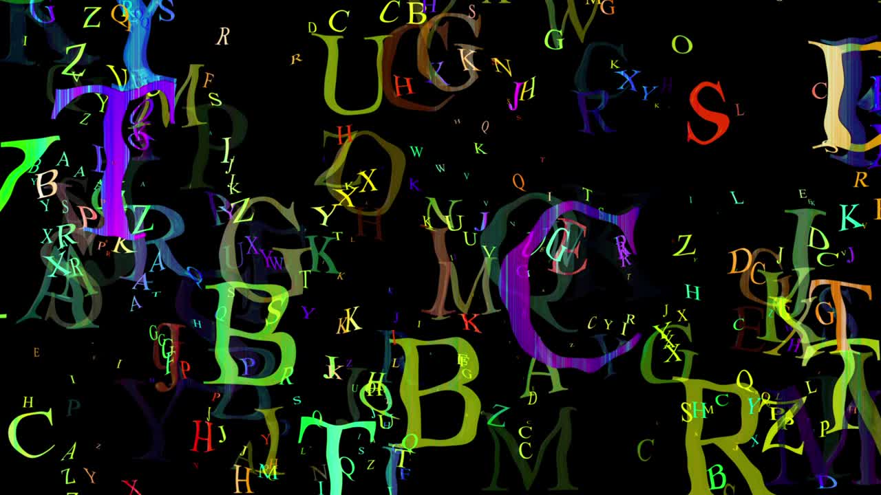 Abstract moving colorful letters on black