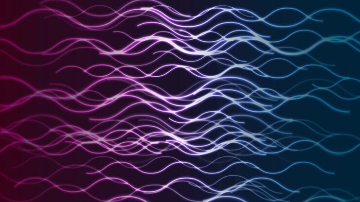 Sfondo animato tecnologico astratto con linee ondulate blu, ultraviolette e al neon