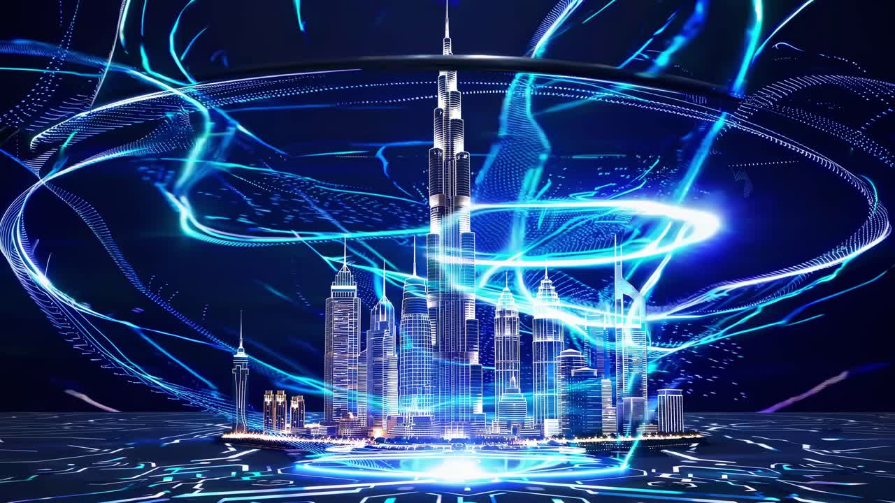 Futuristic Dubai skyline at night with Burj Khalifa and other illuminated skyscrapers surrounded by holographic light trails, showcasing innovative urban development and technological advancement