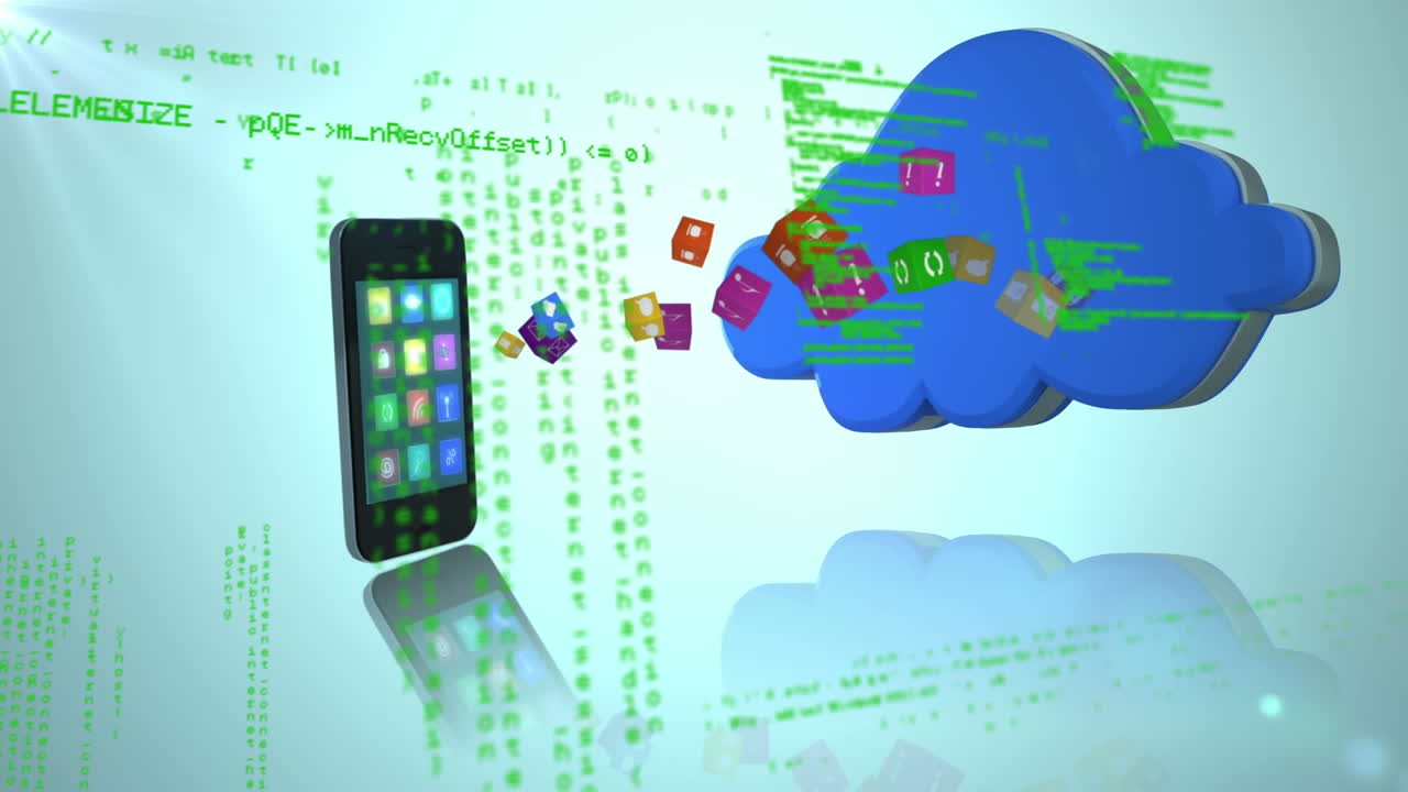Animation of blue cloud with digital icons, smartphone and data processing
