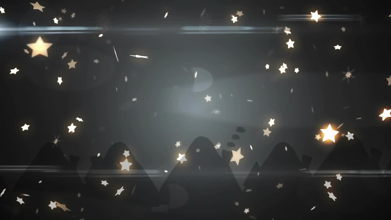 Star particles emerging atop dark hills drifting downward with lens flares evoking nighttime calm