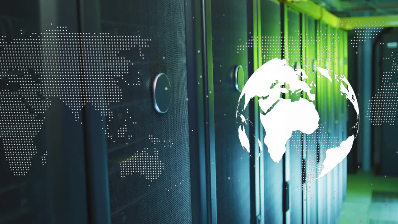 After world map overlay fading, globe rotating over server racks, highlighting global connectivity