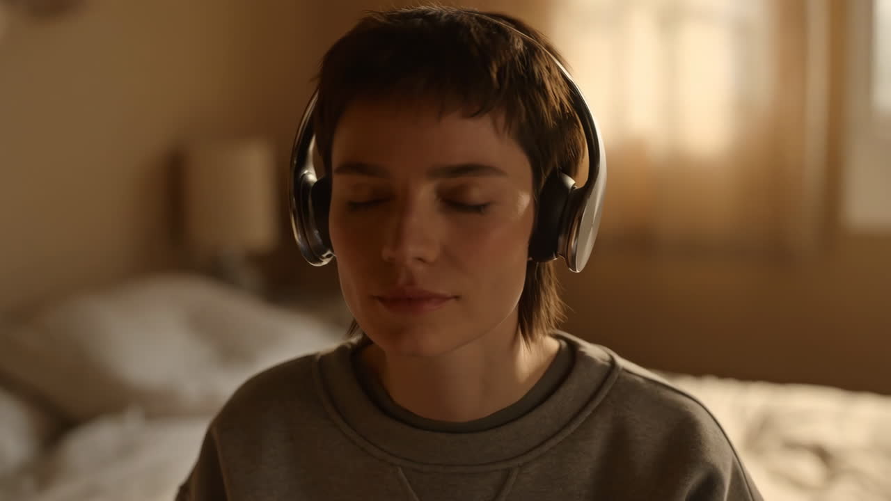 헤드폰을 들고 명상 하는 여자