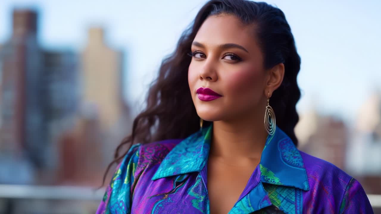 Splendido ritratto di una donna sicura di sé che mette in mostra una moda vivace con colori audaci e accessori eleganti sullo sfondo di uno skyline cittadino