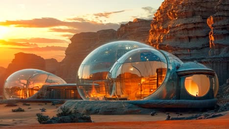 a group of glass domes in the middle of a desert at sunset