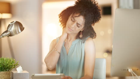 neck pain, woman and stress in office at night