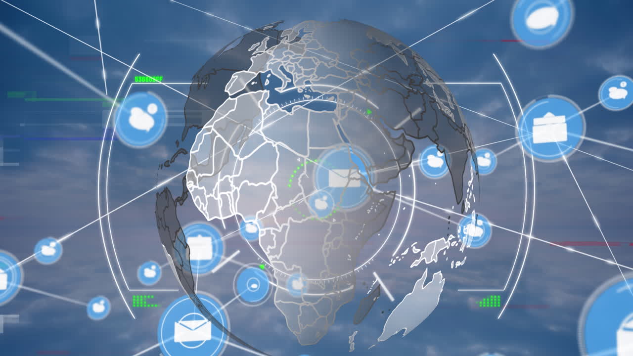 디지털 아이콘의 네트워크를 통해 스 ⁇  스캐닝의 애니메이션과 파란 하늘에 대해 회전하는 지구