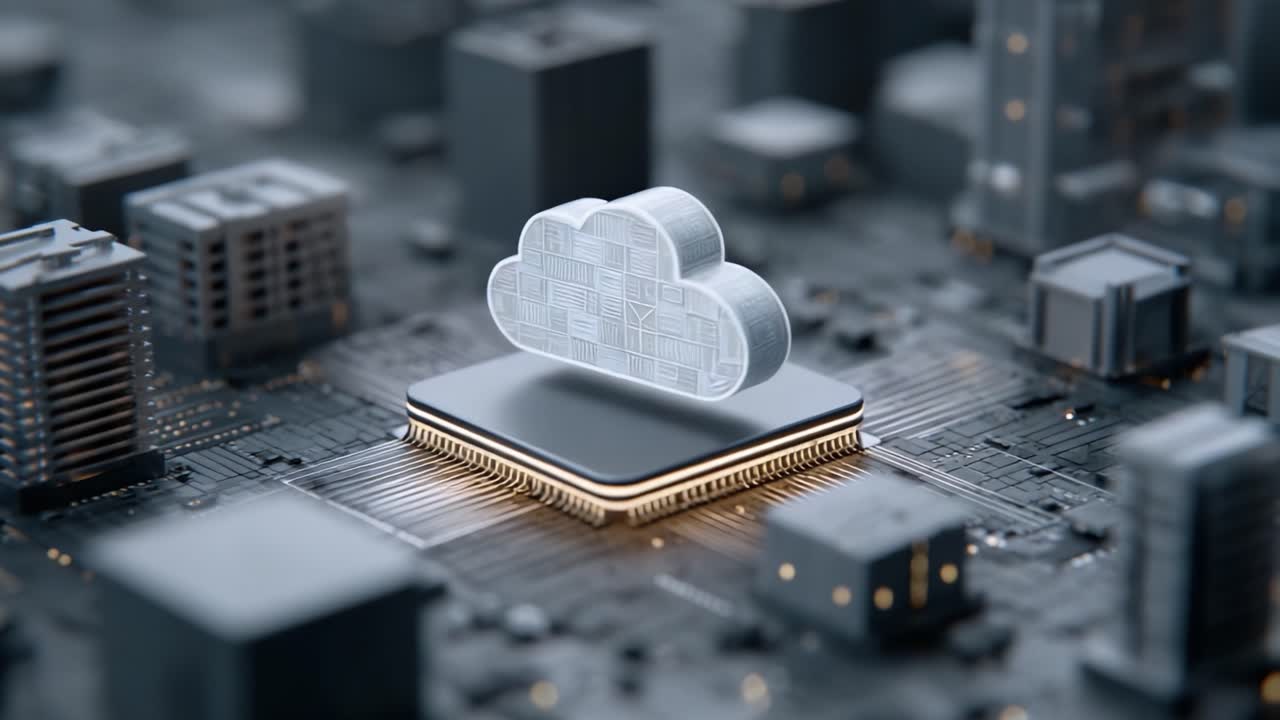 Une représentation visuelle de la technologie du cloud computing: exploration de l'intégration du stockage cloud avec une architecture de microprocesseurs avancée dans un paysage numérique moderne.
