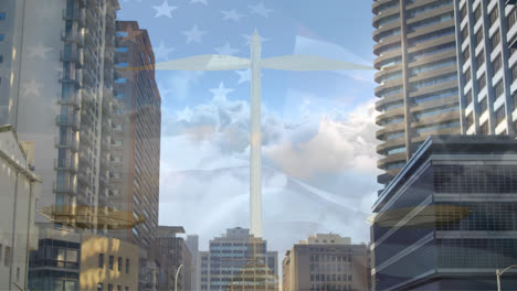 Animation-of-usa-flag-over-office-buildings