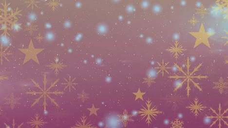 animación de nieve cayendo sobre copos de nieve y estrellas sobre fondo rojo