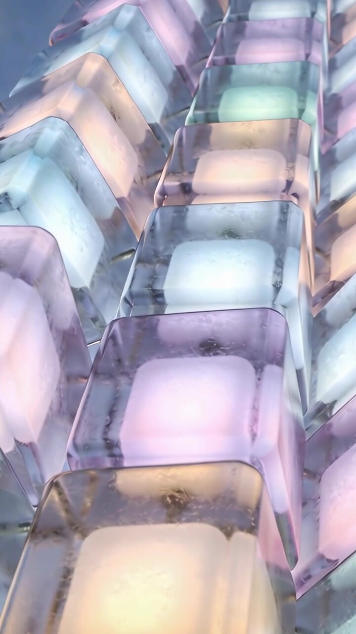 Vertical video: Rising camera revealing glass cubes at expo, showing repeating rows and pastel LEDs