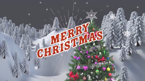 animation of merry christmas text over fir trees