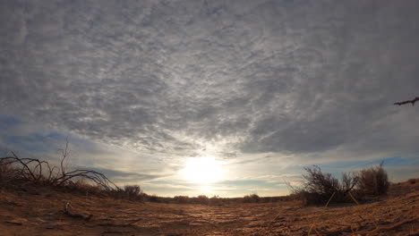 el amanecer y el tiempo transcurrido durante todo el día en el desierto de mojave con nubes que se mueven rápidamente sobre el páramo - lapso de tiempo
