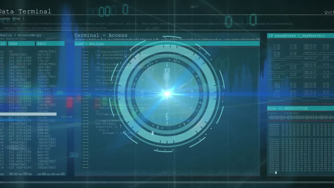animación del procesamiento de datos sobre un reloj en movimiento sobre fondo negro