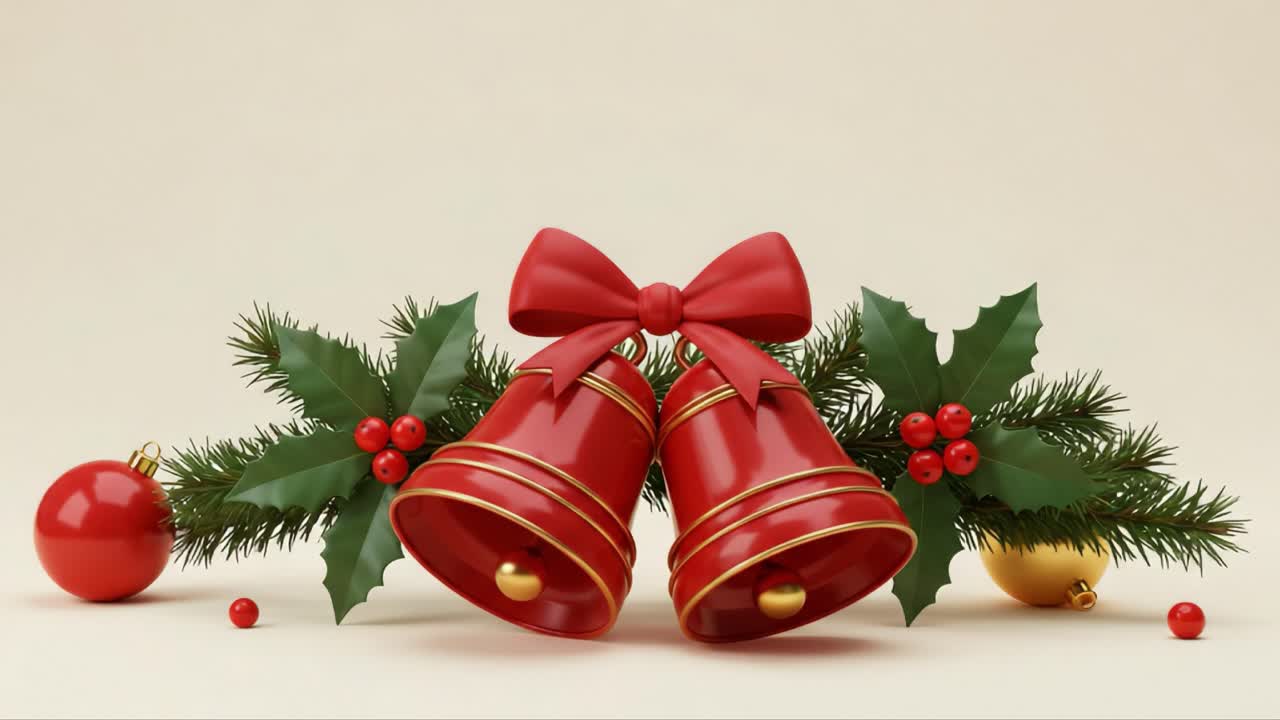 Festive Red Christmas Bells with Holly and Ribbons Surrounded by Ornaments Capturing the Joyful Spirit of the Holiday Season in a Beautiful Arrangement