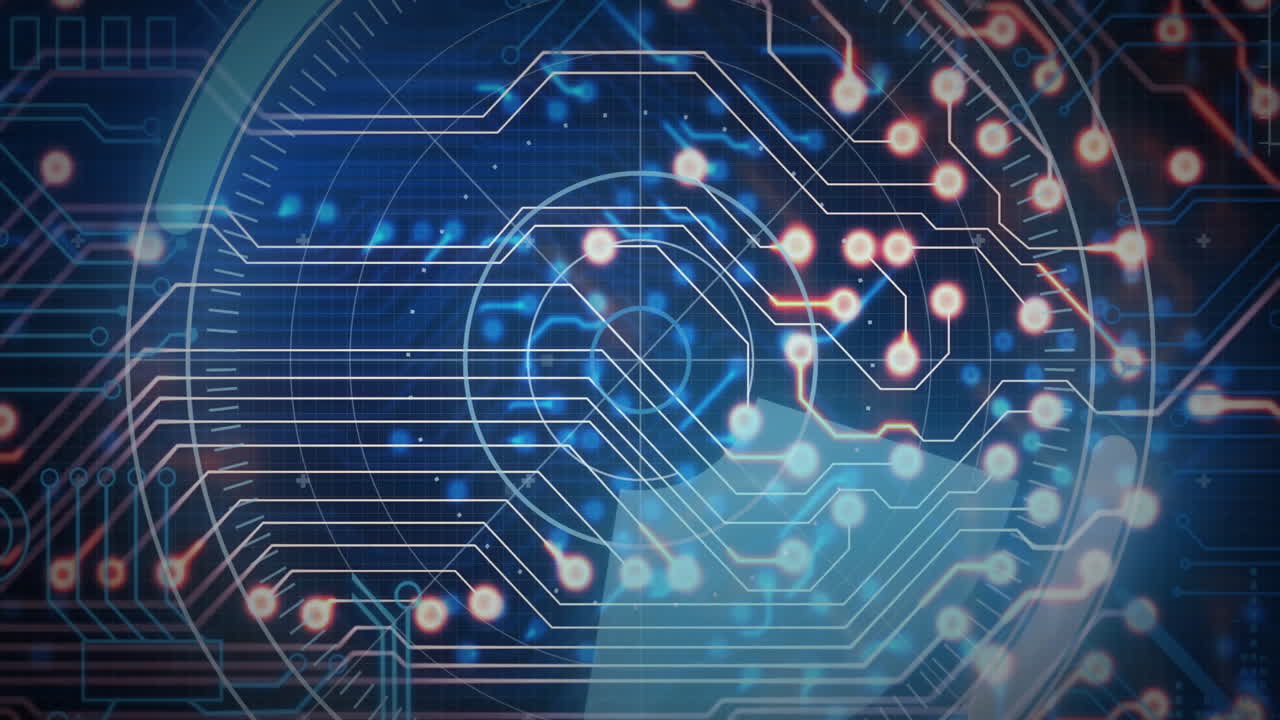 파란색 디지털 배경 위의 회로 보드 및 데이터 흐름 애니메이션