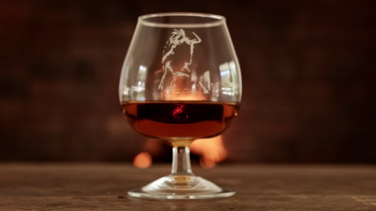 A glass of brandy with a wildebeest logo on the glass and a fire burning behind