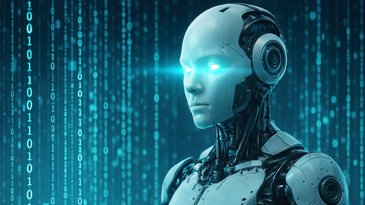 Futuristic robot in a digital matrix, side profile view