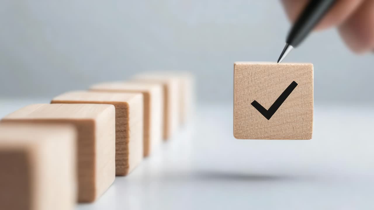 Hand selecting an option from wooden blocks