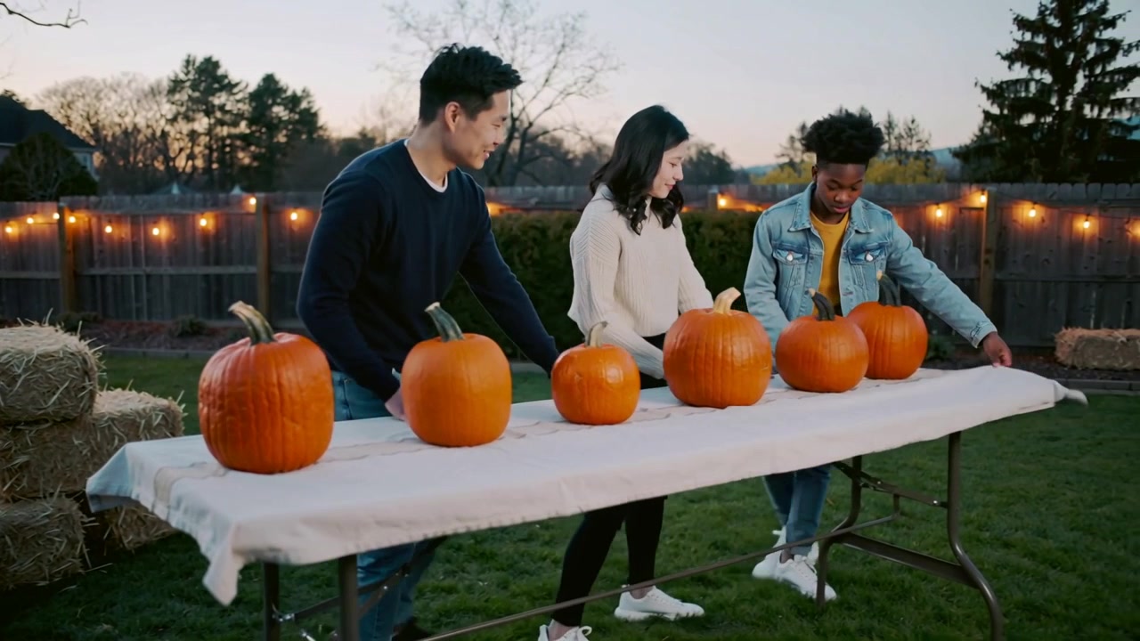 Reaching three friends in fall clothes spacing pumpkins on backyard table at dusk for even spacing