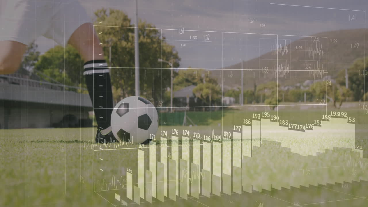 Female player dribbling soccer ball on grass field, showcasing interactive technology graphs