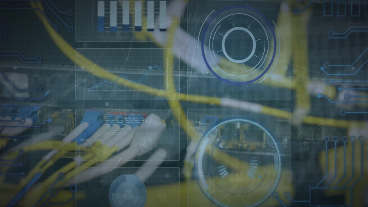 animación del procesamiento de datos con escaneo de alcance a través de cables