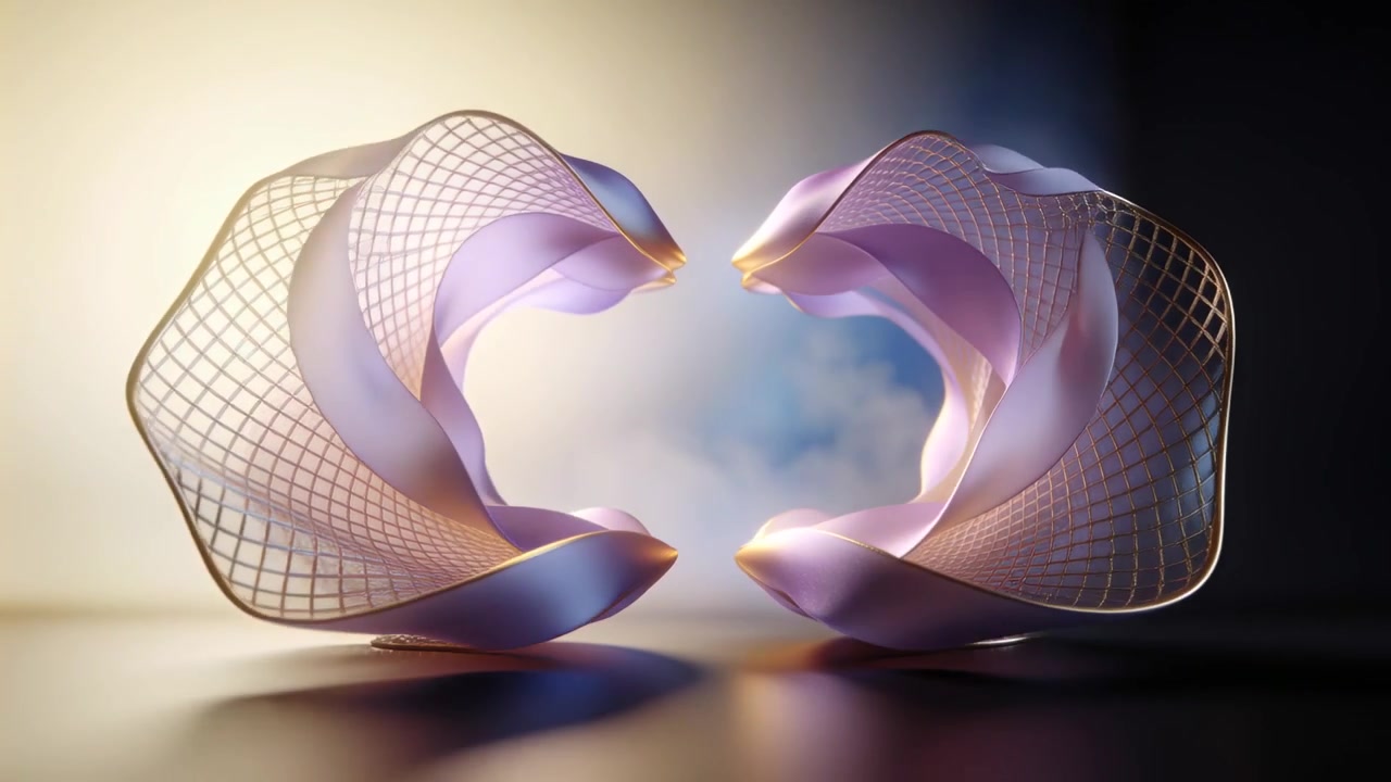 Morphing ribbon mesh forms curling and opening on glossy table as frames shift, framing blue patch