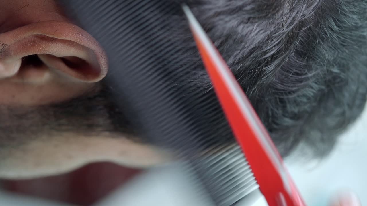 Close-up of a man's hair and ear