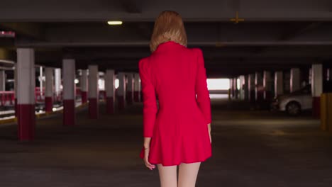 amidst the concrete confines of a city parking garage, a young hispanic girl wears a short red dress