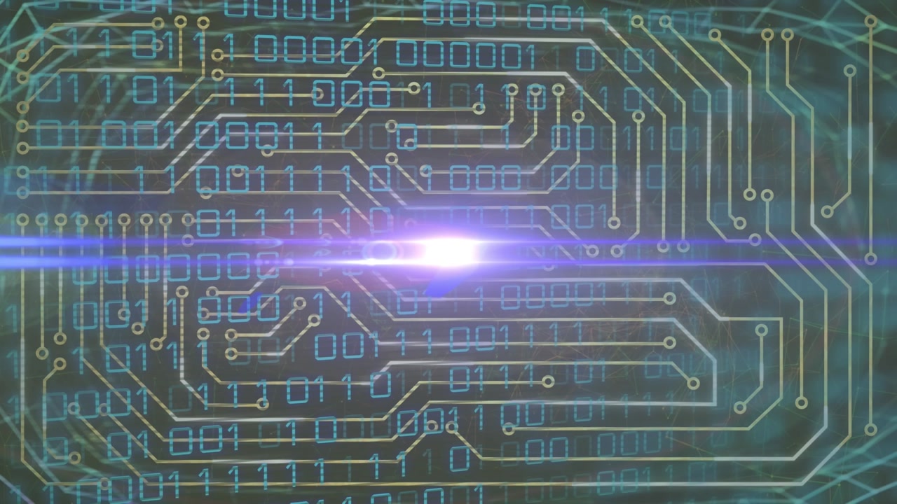 Composition of binary coding data processing over glowing computer circuit board