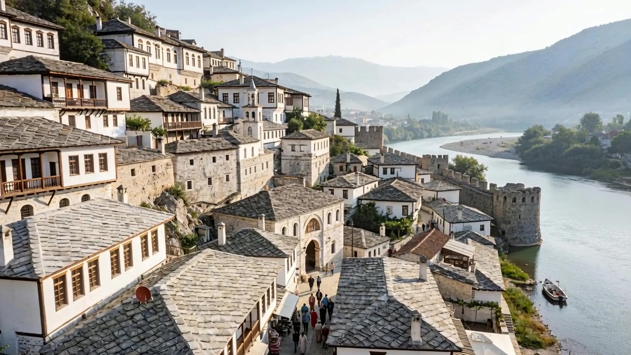 Drone in avanzamento che rivela una città con tetti in pietra in riva al fiume, con pedoni in giacca che passeggiano e visitano