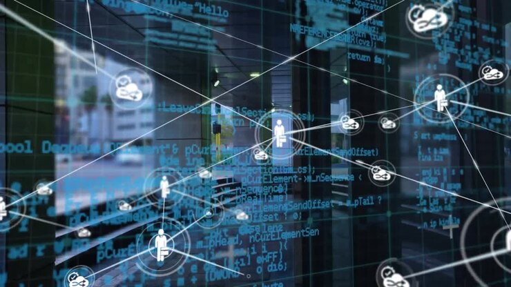 Animation of network of connections with icons and data processing over computer servers