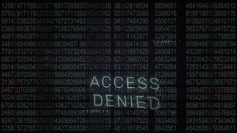 Animation of access denied text with icons over data processing on black background