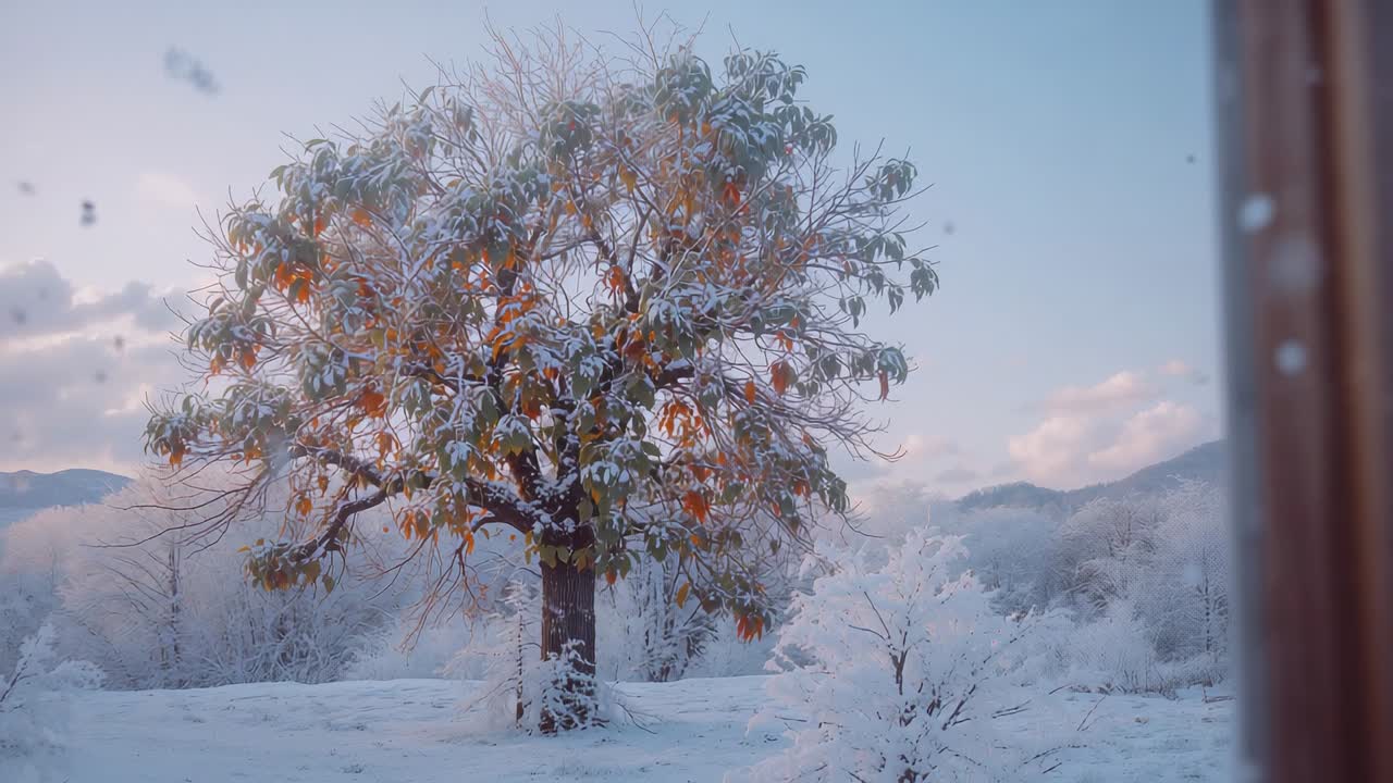 Filming snowfall blanketing persimmon tree through cabin window, with wood frame and mountain ridge