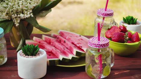 picnic table with juicy fruits and delicious lemonade