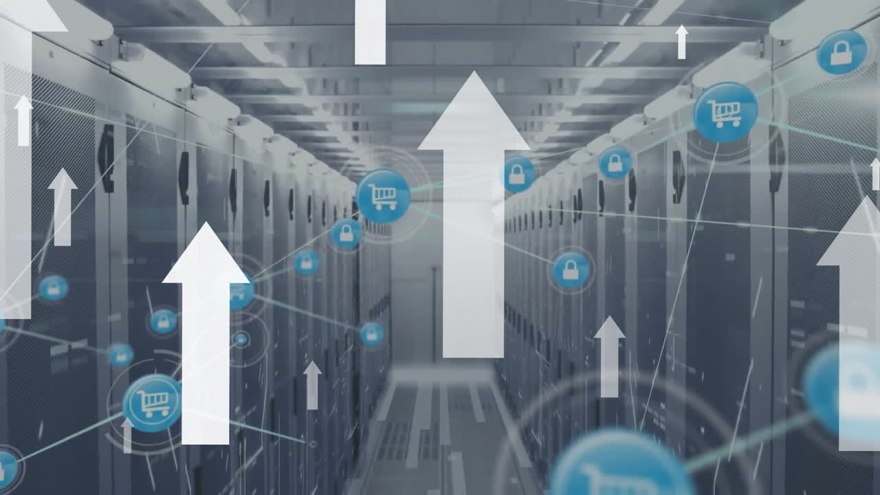 animación de flechas hacia arriba e íconos conectados sobre barras en bastidores de servidores de datos en la sala de servidores