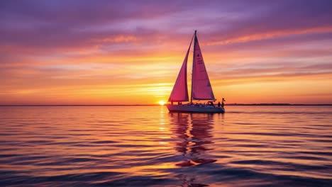 a beautiful sunset cruise: a sailboat gliding through calm waters under vibrant skies with shades of pink and orange during a magnificent sunset