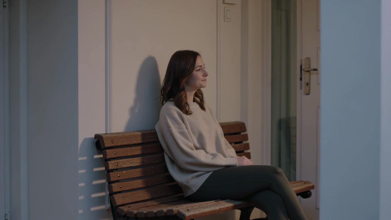 Donna adulta seduta che indossa maglione e pantaloni su una panca di legno all'ingresso, volgendo lo sguardo a destra.