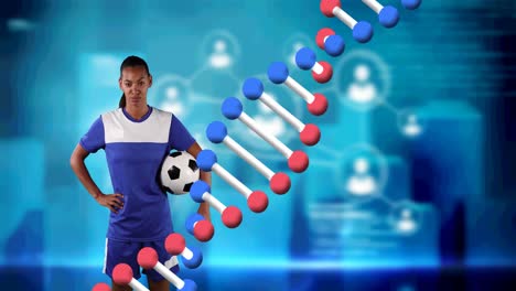 Animation-of-dna-strand-over-female-football-player-holding-ball