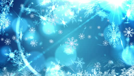 animation of snowflakes and lens flares over blue background