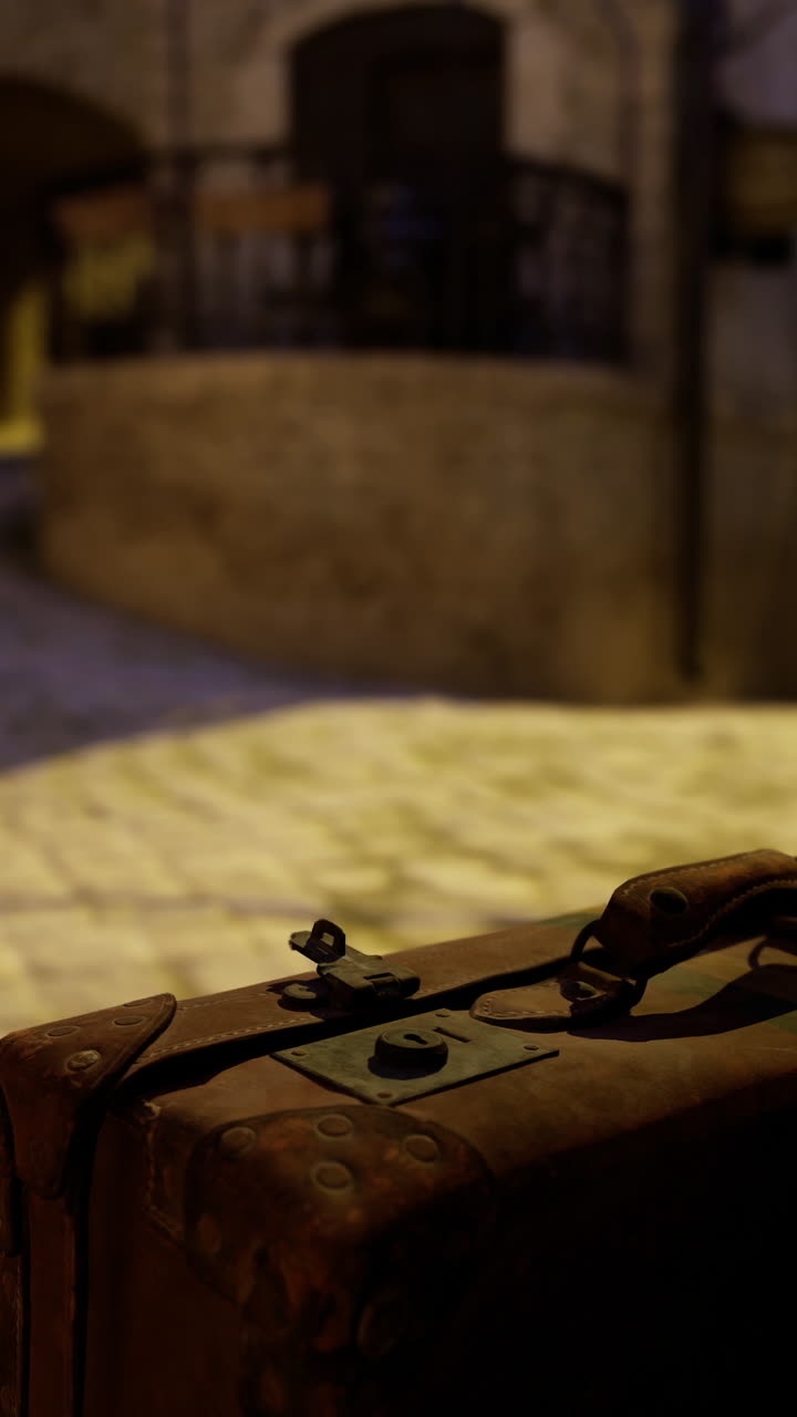 Suitcase resting on cobblestone path in quiet evening alleyway