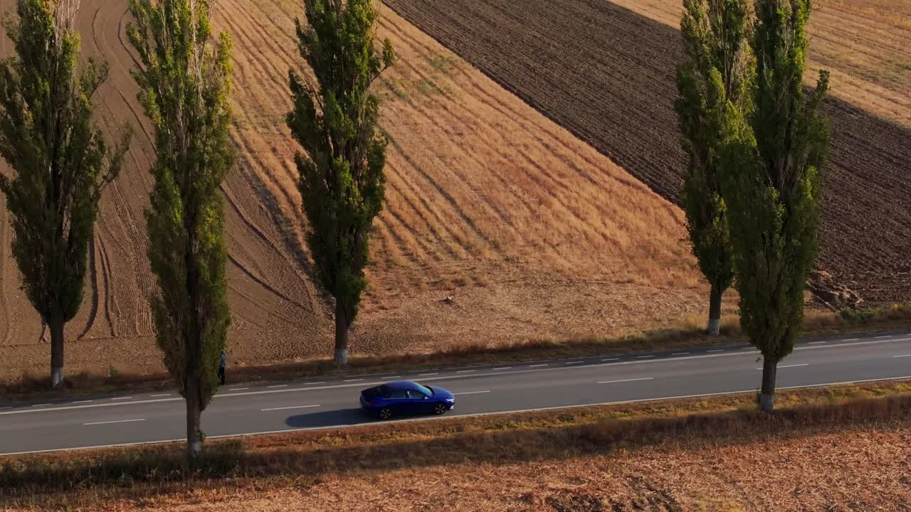 Ampia ripresa con drone in movimento di un'auto blu che guida tra campi pianeggianti, lungo una strada asfaltata illuminata dal sole, circondata da alberi verdi in una giornata di sole.