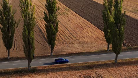 seguimiento de drones tiro ancho coche azul conduciendo entre campos de llanura, a lo largo de una carretera pavimentada iluminada por el sol, rodeada de árboles verdes en un día soleado