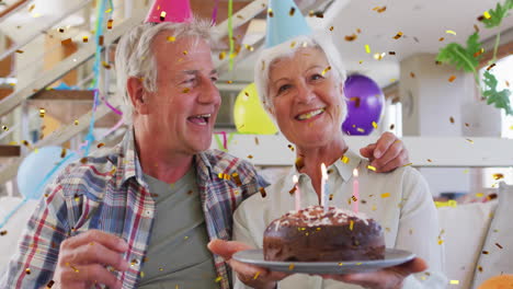 celebrating birthday with cake and candles, elderly couple surrounded by confetti animation