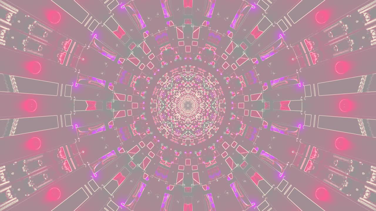 Vibrant patterns and swirling designs fill a tunnel like structure, creating an infinite loop of captivating colors and geometric shapes for an engaging visual experience