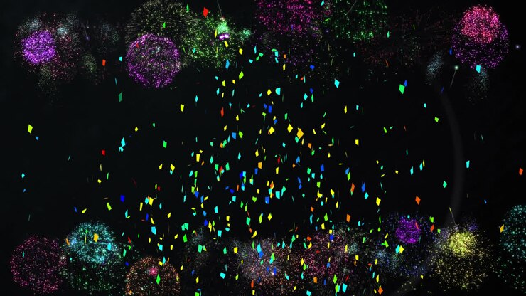 Animazione di coriandoli multicolori e fuochi d'artificio che esplodono su sfondo nero